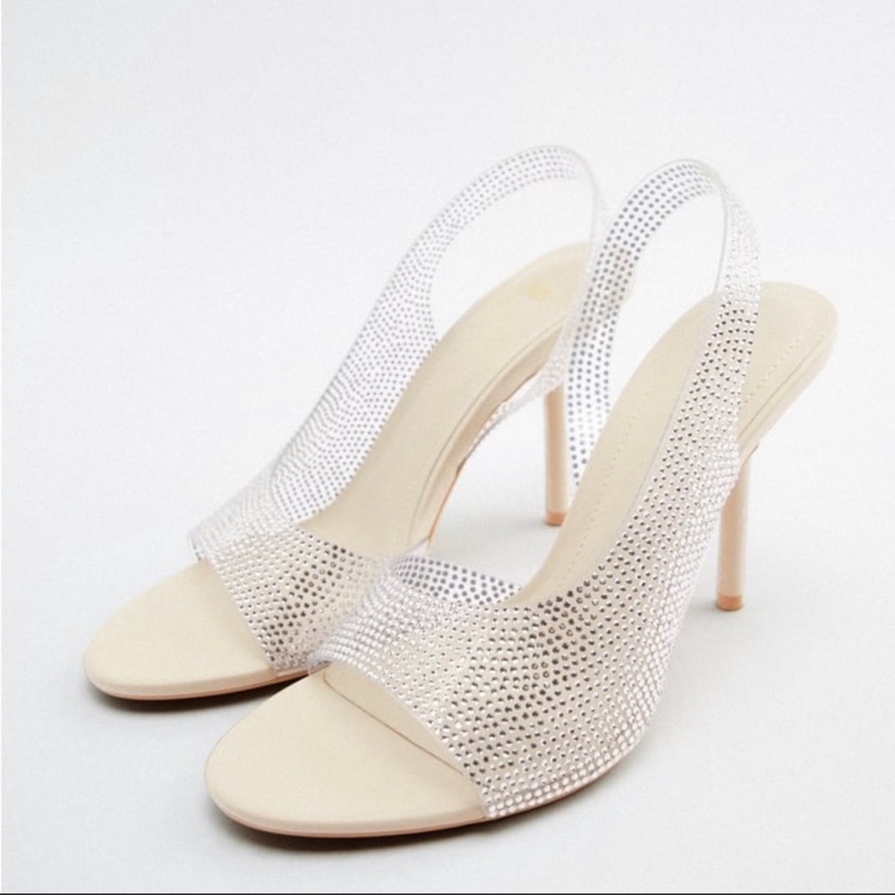 Zara Off White Rhinestone Heeled Vinyl Sandals